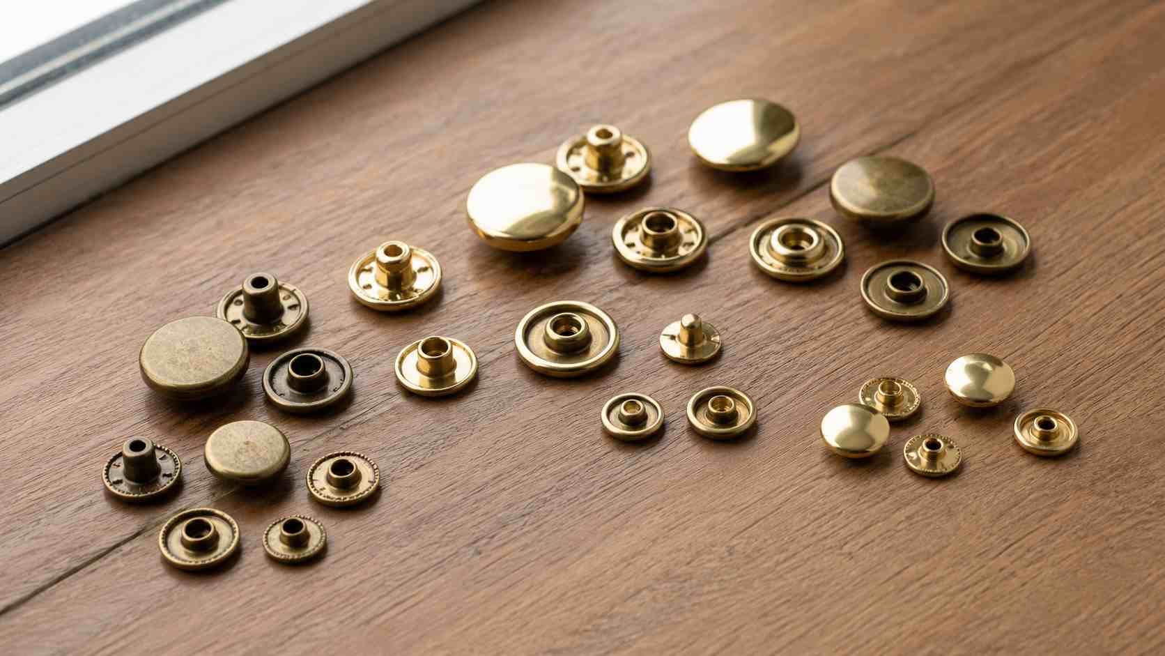 bulk press studs, Bulk press studs in a brass finish are displayed in different sizes and component forms on a wooden surface.